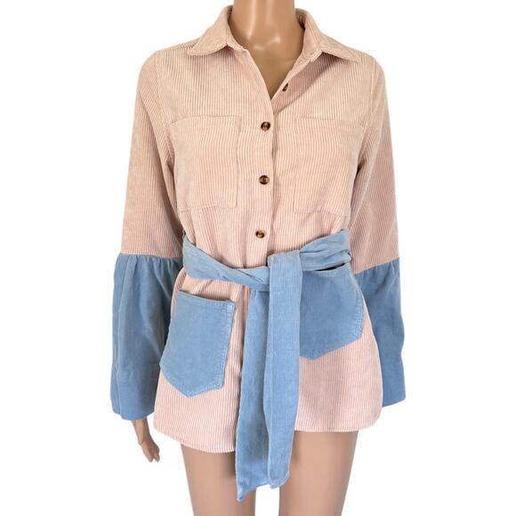 Upcycled Corduroy Shirt Shacket Colorblock Cottagecore Soft Neutral Fall Jacket - Picture 3 of 7